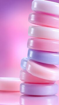 A stack of colorful soap bars arranged in a leaning formation against a soft background