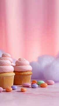 Three pink-frosted cupcakes with colorful candies set against a soft pastel background