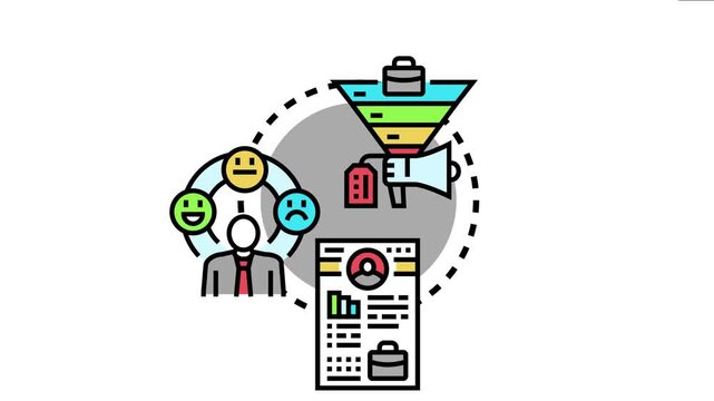 Candidate recruitment advertising process funnel attracting and selecting new applicants, depicting job seekers' emotional responses and resume screening for hiring success