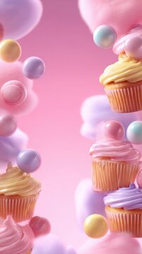 Cupcakes adorned with pastel frosting and decorative spheres surrounded by fluffy cotton candy