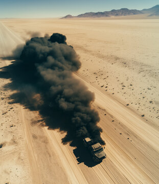 A wrecked truck with thick black smoke in the desert.
Military or industrial vehicles are moving along a sandy road, leaving behind a dense cloud of black smoke.  Drone view of a military vehicle