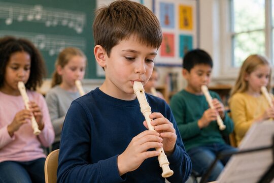 Focused schoolboy playing the recorder during a music lesson with diverse classmates in a classroom, back to school concept.