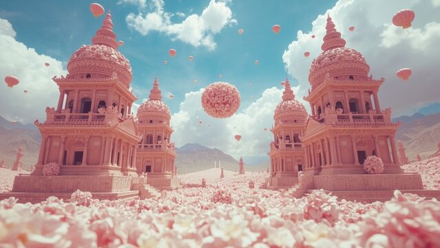 Surreal fantasy landscape featuring ornate pink temples surrounded by a sea of blossoms under a blue sky with floating lanterns