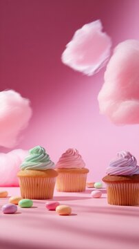 A whimsical scene featuring colorful cupcakes topped with pastel icing and cotton candy clouds