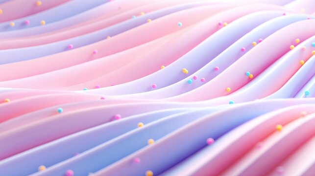 A soft, wavy surface with pastel colors and small spherical decorations in pink and blue tones