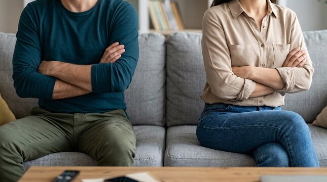 Unhappy husband and wife sitting on the sofa ignoring each other due to relationship difficulties.