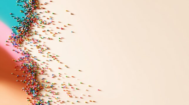 Vibrant sprinkles spill across a soft pastel background, creating a playful, colorful effect