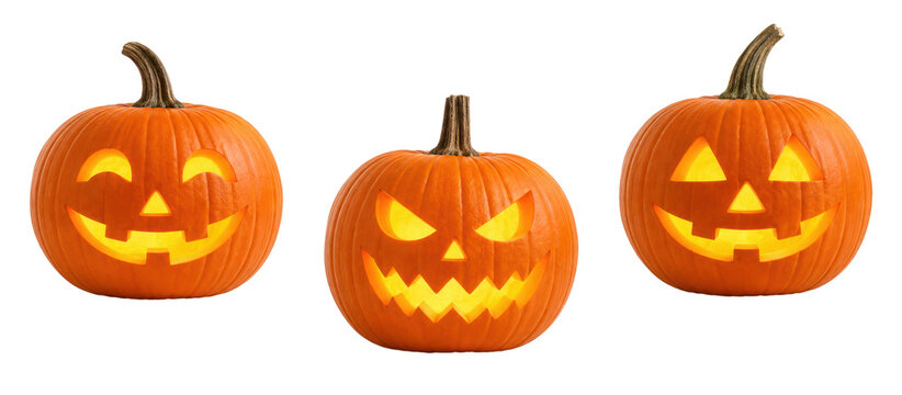 Three glowing Halloween jack-o'-lantern pumpkins with different carved faces isolated on a white background, featuring cheerful and spooky expressions for autumn holiday, decoration, and seasonal cele