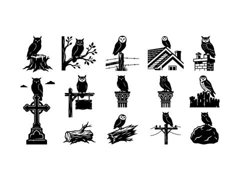 Set of black silhouette owls on logs, branches, roof, columns, cross, stone and signboards.