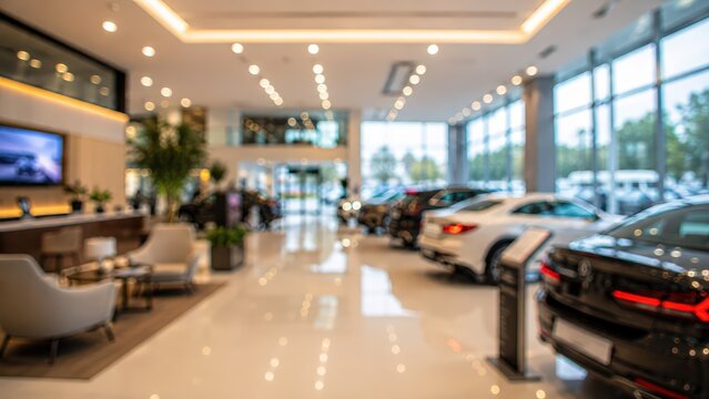 Blurred wide-angle shot of cars on display in a luxury dealership. Bright warm lighting creates professional atmosphere ideal for automotive business backgrounds.