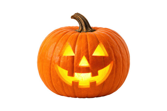 Glowing carved Halloween jack-o'-lantern pumpkin with a cheerful spooky face, isolated on a clean white background, perfect for autumn, Halloween celebration, seasonal decoration, and festive holiday 
