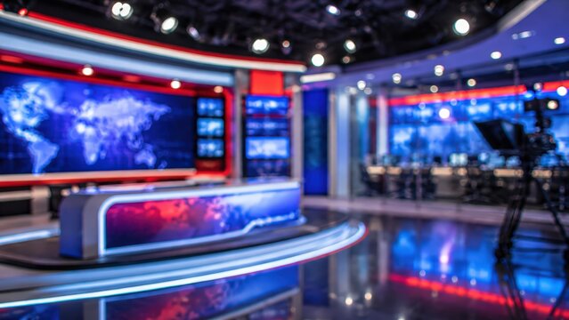 Blurred bokeh shot of a modern television news studio with an empty anchor desk and digital world map displays. Vibrant blue and red lighting sets a professional tone for broadcast media.