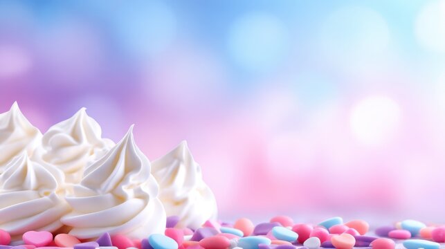 Delicate swirls of creamy foam sit atop a colorful sprinkle background, creating a soft ambiance