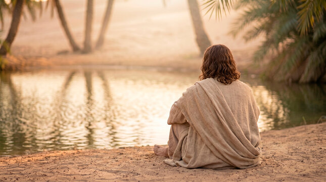 Rear view of Jesus Christ sitting by a desert oasis pond with copy space