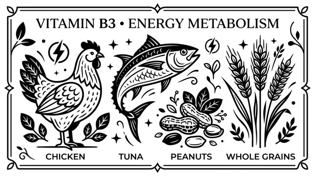 Very beautiful black and white vector of chicken, tuna, peanuts and whole grains representing vitamin B3, VITAMIN B3 &bull; ENERGY METABOLISM, isolated on white background, solid shapes, no gradients.