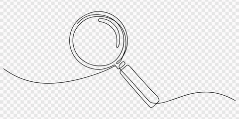 Continuous single line drawing of a simple magnifying glass hand tool for searching and inspecting small objects or reading text isolated as a minimalist black line art vector graphic © design hil