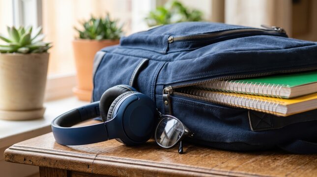 Open blue backpack with notebooks, headphones, and glasses on wooden desk, back to school, study supplies, modern education