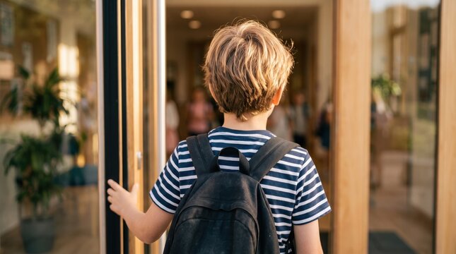 Rear view of little boy with backpack entering school building on first day. Back to school and elementary education concept for childhood learning and new academic year
