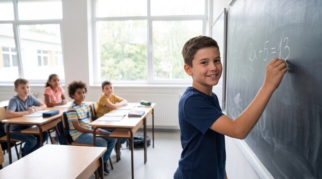 Boy writing math formula on chalkboard in bright classroom, back to school, elementary education