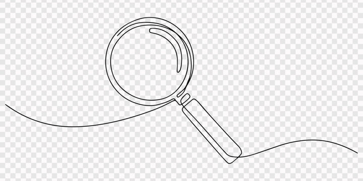Continuous single line drawing of a simple magnifying glass hand tool for searching and inspecting small objects or reading text isolated as a minimalist black line art vector graphic