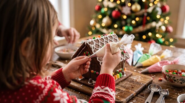 Girl decorating homemade gingerbread house with white icing near glowing Christmas tree, festive baking, holiday mood, winter cozy home