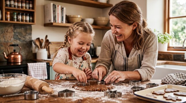 Mother and little girl cutting out gingerbread cookies at wooden kitchen table, family baking, sweet holiday tradition. Christmas.