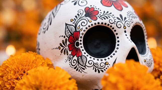 Painted sugar skull with floral ornament among orange marigold flower. Dia de los muertos traditional Mexican celebration