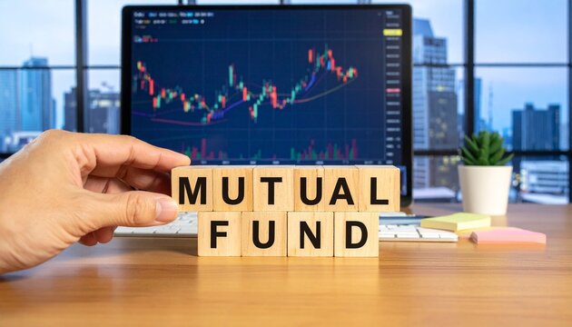 Mutual Fund Investment Concept Wooden Blocks with Stock Trading Chart and City Skyline Office Setup