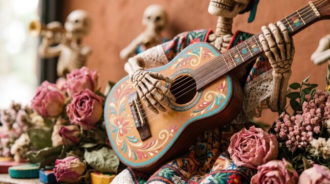 Skeleton figurine playing decorated guitar surrounded by pink rose. Dia de los muertos celebration and Mexican tradition.