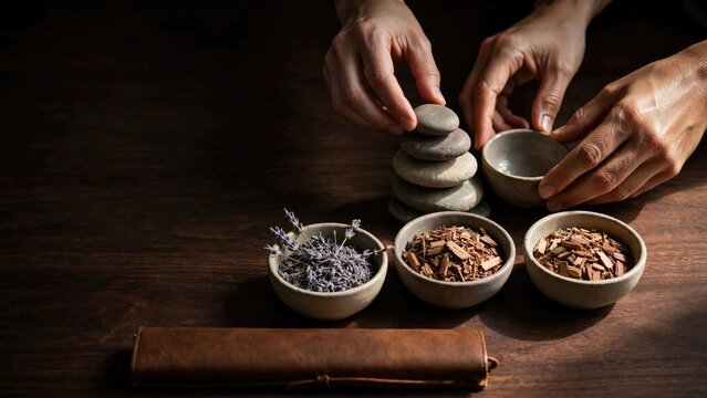 Natural Spa Ingredients: Lavender, Herbs, and Smooth Stones Arrangement
