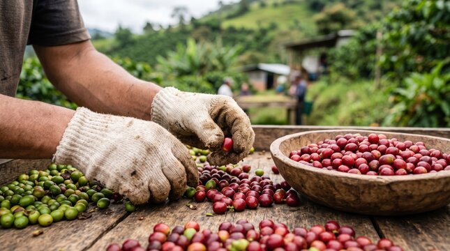 Worker hands sorting ripe red coffee cherries on wooden table at farm, coffee production, farm life, sustainable agriculture.