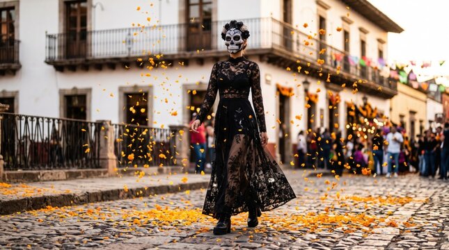 Woman in la catrina skull makeup and black lace dress walking on cobblestone street with falling marigold petal. Dia de los muertos celebration and Mexican tradition concept. Day of the dead festival