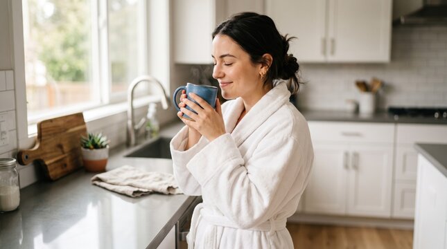 Smiling young woman in bathrobe holding coffee mug in modern kitchen, morning routine, cozy home, relaxed lifestyle.