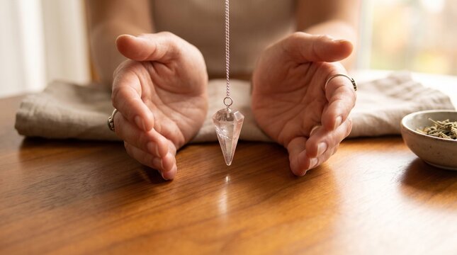 Hands holding crystal pendulum on wooden surface, holistic wellness and meditation