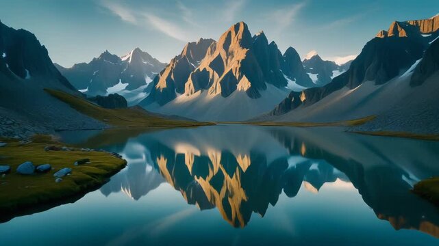 Serene Mountain Lake Reflection at Sunrise, Alpine Landscape