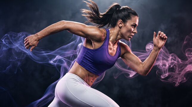 Athletic woman sprinting against dark background with dynamic purple smoke trail, powerful motion, fitness motivation, athletic performance.
