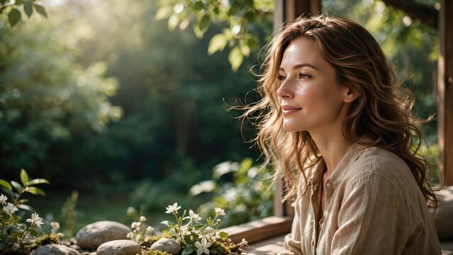 Serene Portrait of Woman by Window in Lush Nature Light