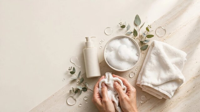 Self Care Spa Flat Lay: Skincare, Towels, and Natural Greenery