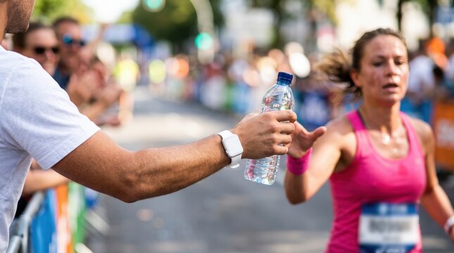 Hand holding water bottle for woman running marathon on city street