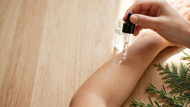 Skincare Routine: Applying Dropper Serum to Arm on Wood