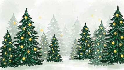 Fototapeta premium Beautifully illustrated Christmas forest scene with decorated evergreen trees glowing under soft winter snowfall