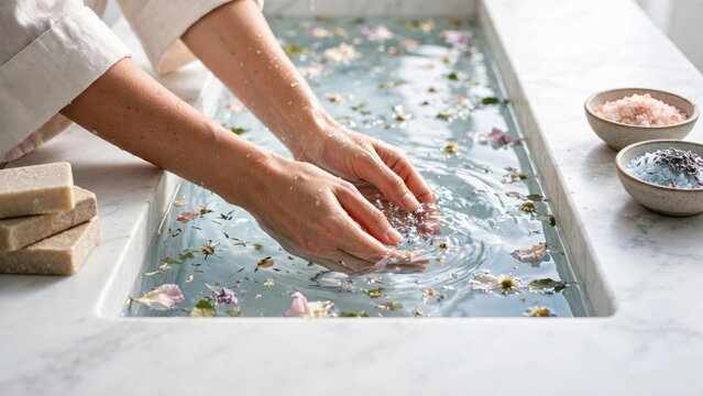 Spa Ritual: Hands Cleansing in Floral Petal Bath