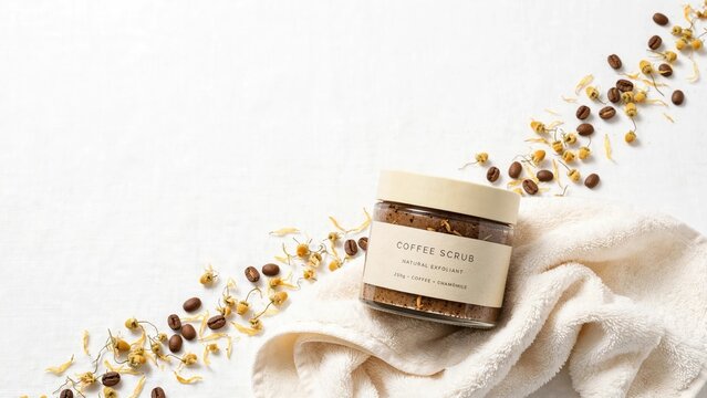 Spa self-care: Coffee scrub jar with coffee beans and flowers