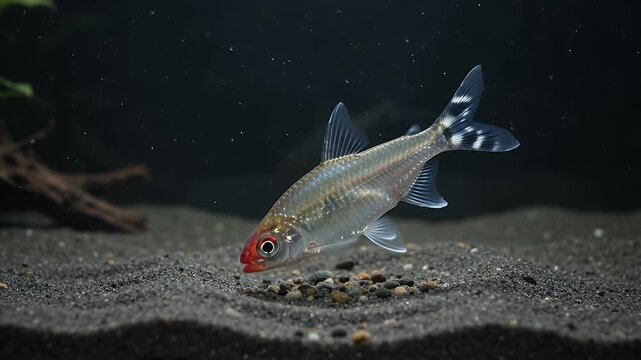 Freshwater fish, aquarium and feeding on sand for pet care, hobby and aquatic life. Silver fish, tropical and red head swimming in tank with underwater bubbles, nature and decorative home display