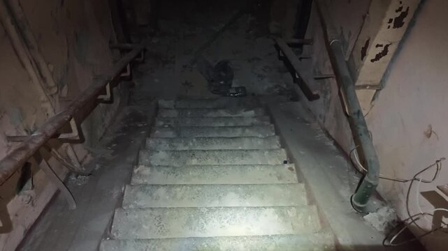 POV walking down a dark ruined concrete staircase into an abandoned creepy basement with a flashlight.