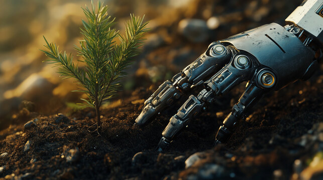 A robotic hand gently touches a young sapling planted in the ground.
The contrast between high technology and nature symbolizes a sustainable future and concern for the environment.