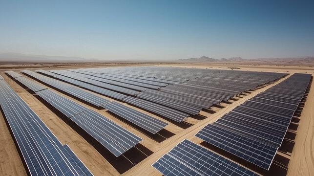 A solar power plant in the desert, aerial view.Rows of solar panels are arranged in strict order in an open, arid area, under a bright blue sky.