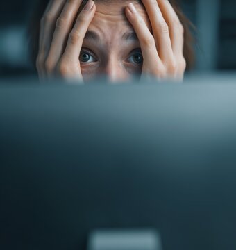 Woman peeking over laptop screen. Female face with wide eyes and hands on forehead looking surprised at computer, shock or discovery concept.