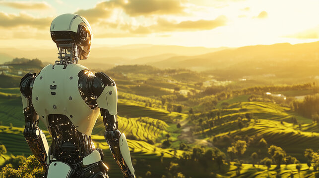 A humanoid robot looks at the picturesque terraced fields at sunset.
The image symbolizes the synergy of technology and nature, evoking reflections on the future of humanity and AI.