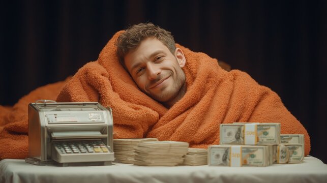 A man in a plaid surrounded by money and a calculating machine. A young man wrapped in an orange plaid is sitting at a table with a money counting device and bundles of dollars.